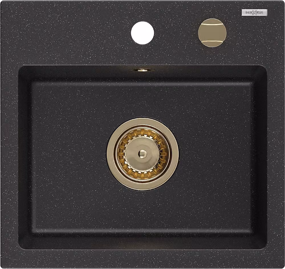 Mexen Milo lavello in granito 1-vasca 435 x 410 mm, nero/argento metallizzato, sifone dorato - 6505441000-73-G