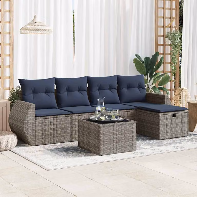 Set Divano da Giardino vidaXL 6 Pezzi a Forma di L con Cuscini Grigio e Blu in Polyrattan e Struttura in Metallo