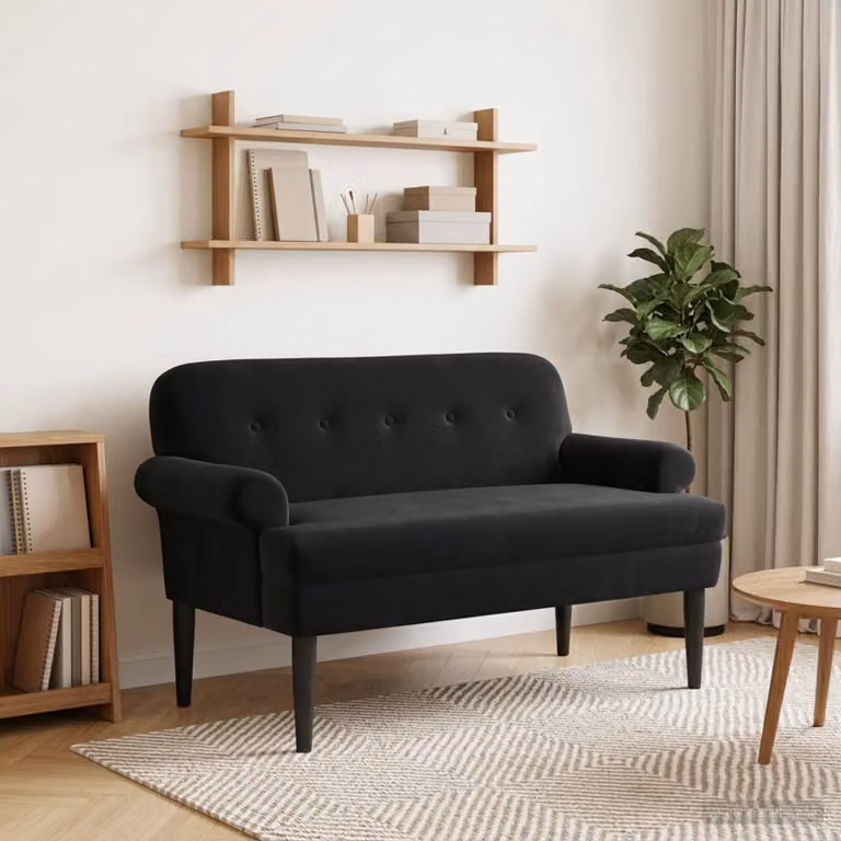 Loveseat vidaXL in velluto nero con bottoni imbottiti, L: 120 cm, P: 66 cm, H: 78 cm