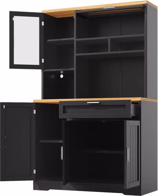 Hochschrank mit LED-Beleuchtung, 104x40x180 cm, MDF, Weiß/Schwarz, für Küche und Wohnzimmer