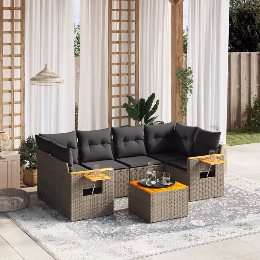 Set di divani da giardino vidaXL in polyrattan grigio con cuscini e tavolino da esterno a forma di L – 1