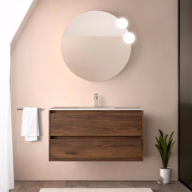 Mobile bagno sospeso Gaya noce maya con lavabo ad incasso e ante con cassetti soft close