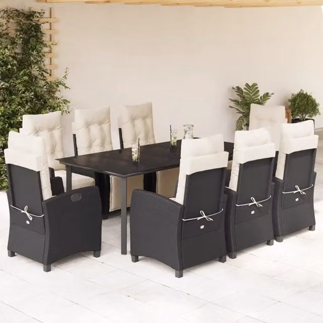 Set da pranzo da giardino vidaXL in polyrattan nero con cuscini e tavolo in vetro per 9 persone – 1