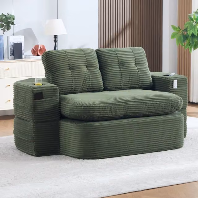 Poltrona letto 2 in 1 con seduta profonda schienale alto portabicchieri e tasche in velluto a coste smeraldo