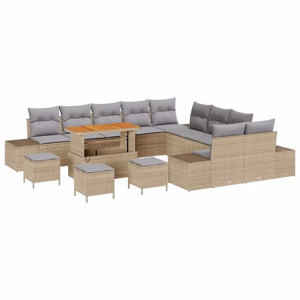 Set Divano da Giardino vidaXL 14 Pezzi a Forma di U in Polyrattan Beige con Cuscini e Tavolino da Esterno – 2