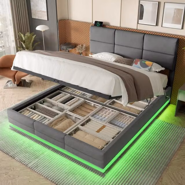 Letto contenitore matrimoniale OKWISH in velluto grigio con illuminazione LED e porte USB, L/P: 140 x 200 cm – 1