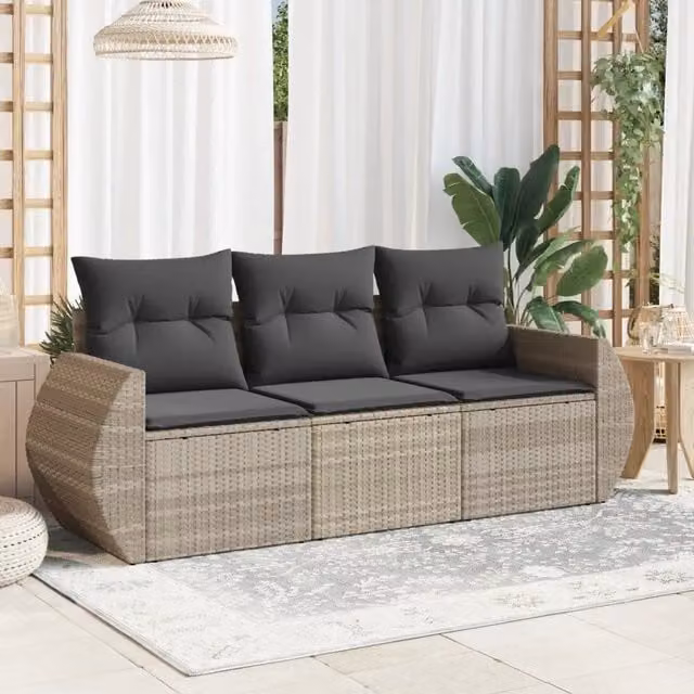 Set Divano da Giardino 3pz con Cuscini-Sofa da Giardino-Divanetto da esterno Grigio Chiaro Polyrattan 974242