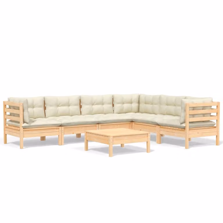 Set Divani da Giardino 7 pz con Cuscini Crema in Massello di Pino