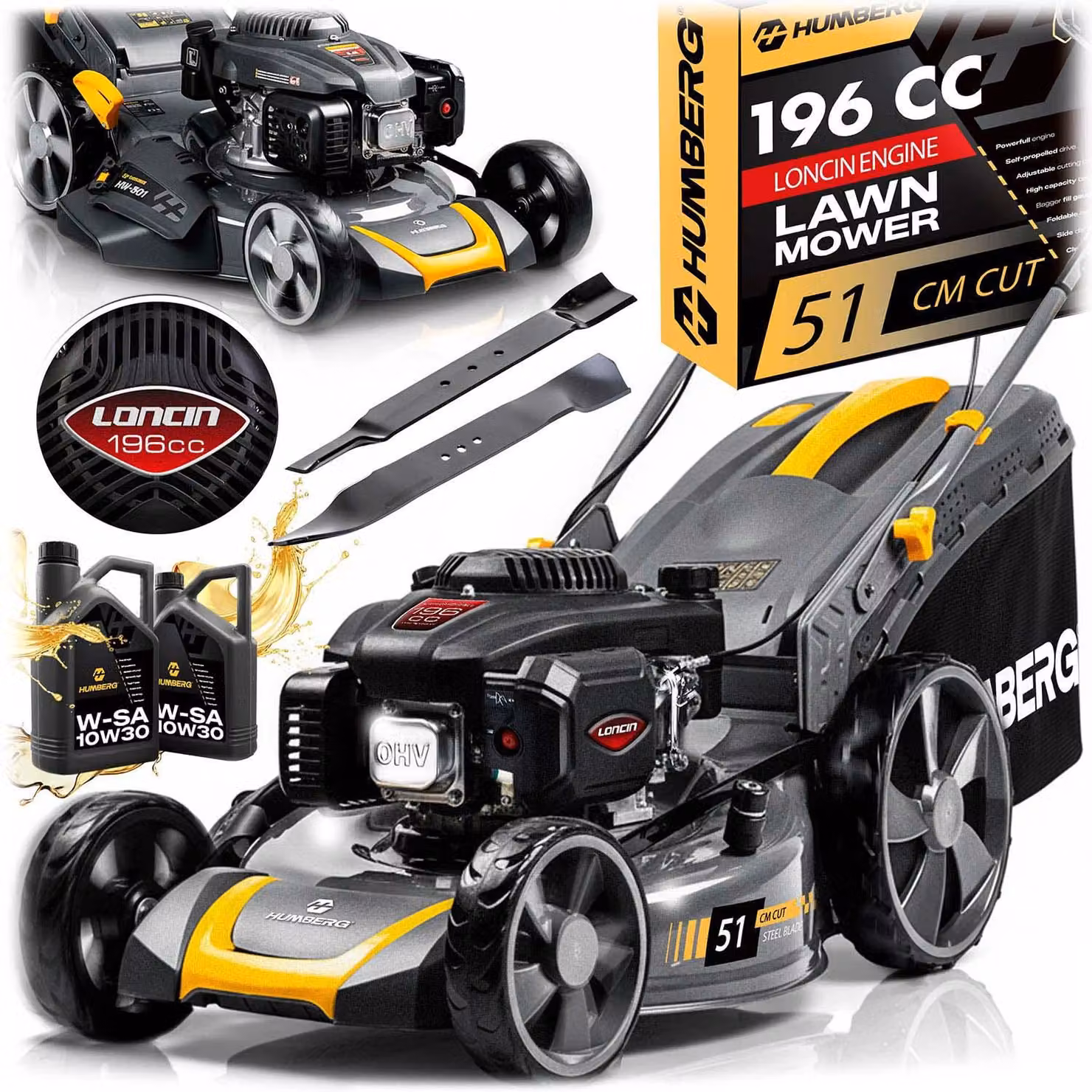 Tosaerba a benzina semovente, larghezza di taglio 51 cm, cilindrata 70 l, motore Loncin da 196 cm³ + olio Humberg HM-601