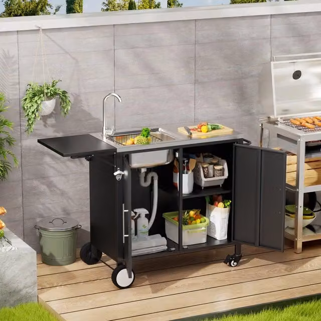Carrello da Barbecue con Lavello e Piano Ribaltabile ¨C Xylo ¨C Metallo, con Ruote
