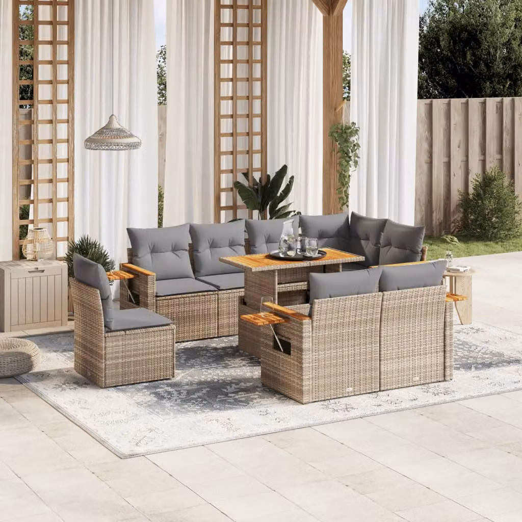 vidaXL Set Divano da Giardino 9 pz in Polyrattan Beige con Cuscini e Tavolino da Caffè – 1
