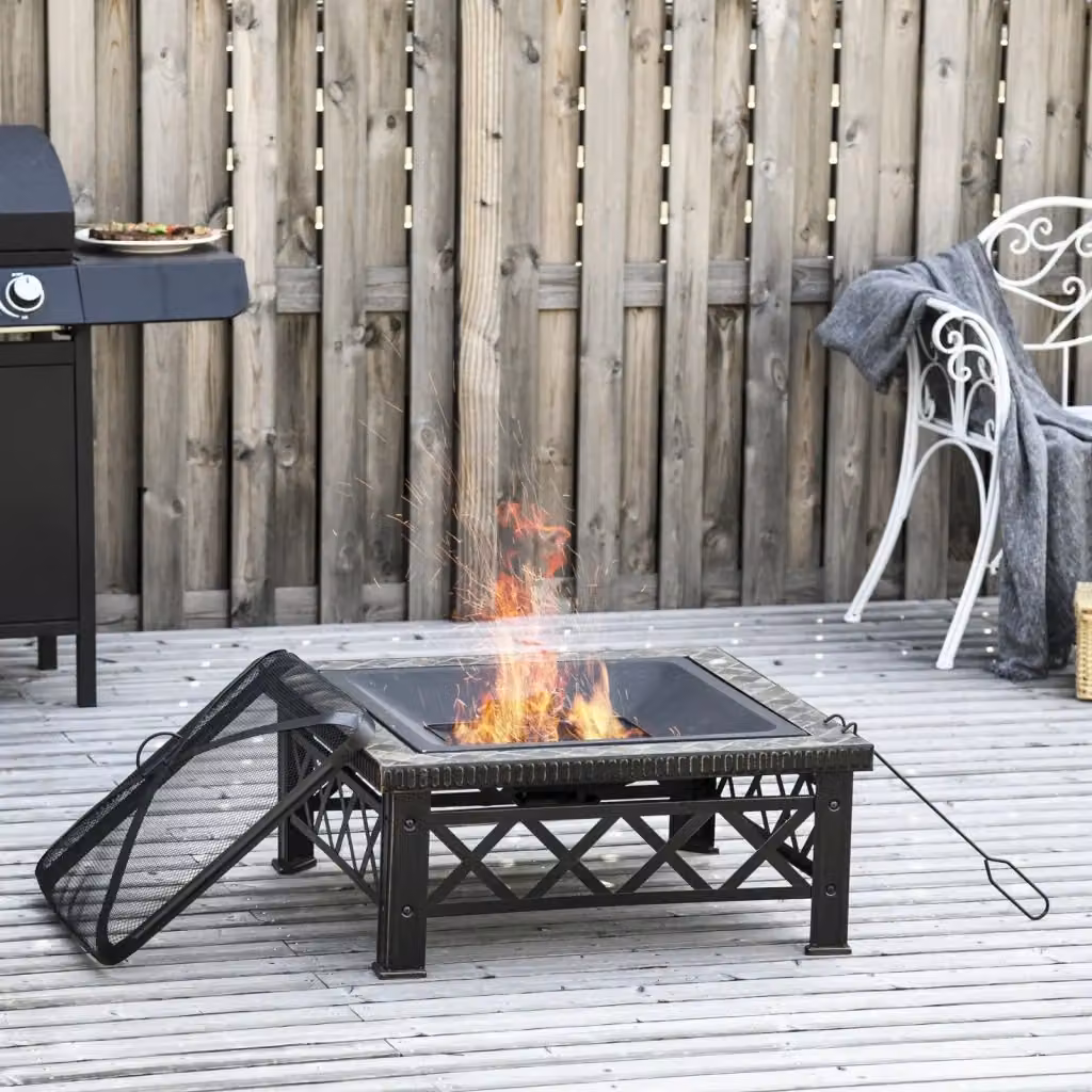 EasyComfort Braciere da Giardino in Metallo Nero con Coperchio Parascintille e Griglia per Barbecue L: 76 cm, P: 76 cm, H: 47 cm – 2