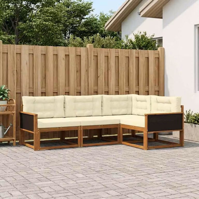 vidaXL Set di divani da esterno a L in legno di acacia con cuscini, Marrone e Beige