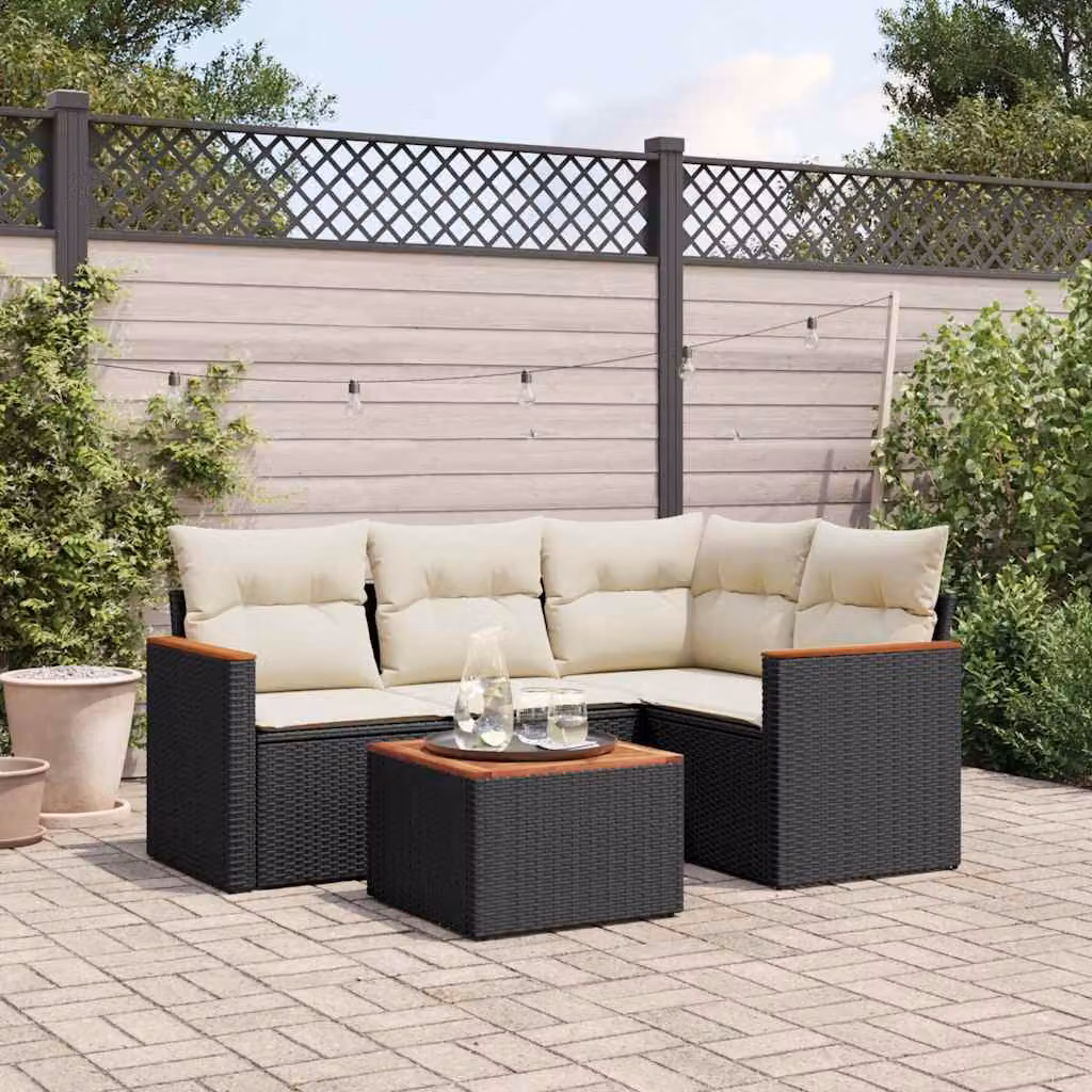Set di divani da giardino vidaXL in 5 pezzi con polyrattan e cuscini neri e bianchi con tavolino da esterno e struttura a forma di L – 1