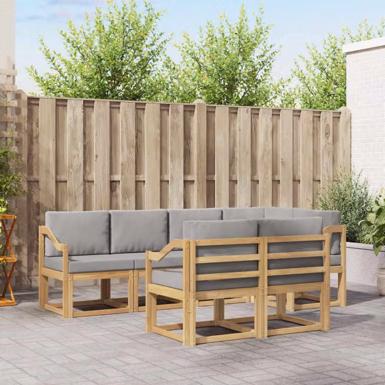 vidaXL Set di divani da esterno a forma di L composto da 7 pezzi in legno di acacia con cuscini in bianco, grigio e marrone