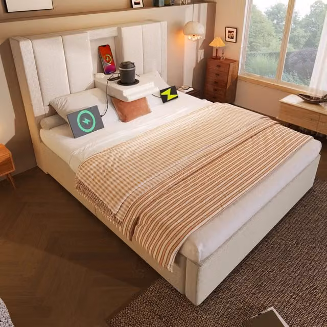Letto contenitore Mivray in lino beige con sollevamento idraulico, ricarica USB e USB-C, L/P/H: 90 x 200 x 115 cm