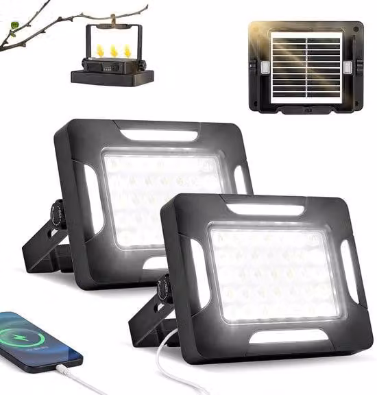 2 lampade da campeggio a LED alimentate a energia solare, con stativo, dimmerabili, 2000 lumen, impermeabili (grado di protezione IP67), con 5 modalità di illuminazione, portatili
