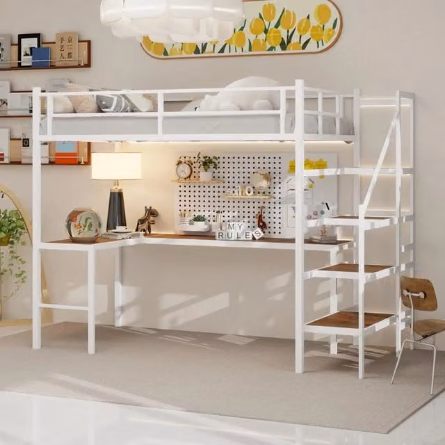 Letto a soppalco 90 × 190 cm con scrivania a L, ripiani e scala con vani, senza materasso, in ferro bianco