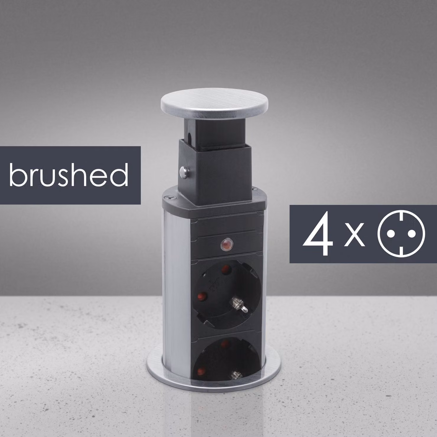 Presa multipla a scomparsa a 4 vie con sicurezza bambini | 3500 W | Cavo da 1,5 m | Argento spazzolato | Per ufficio, cucina e mobili [20431B]