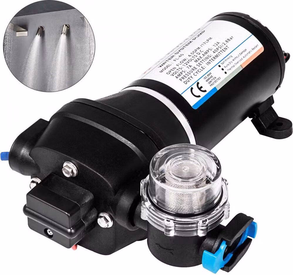 Pompa dell'acqua a membrana ad alta pressione 12 V - 17 l/min, autoadescante - membrana a 3 camere - protezione termica - navigazione automobilistica, camper