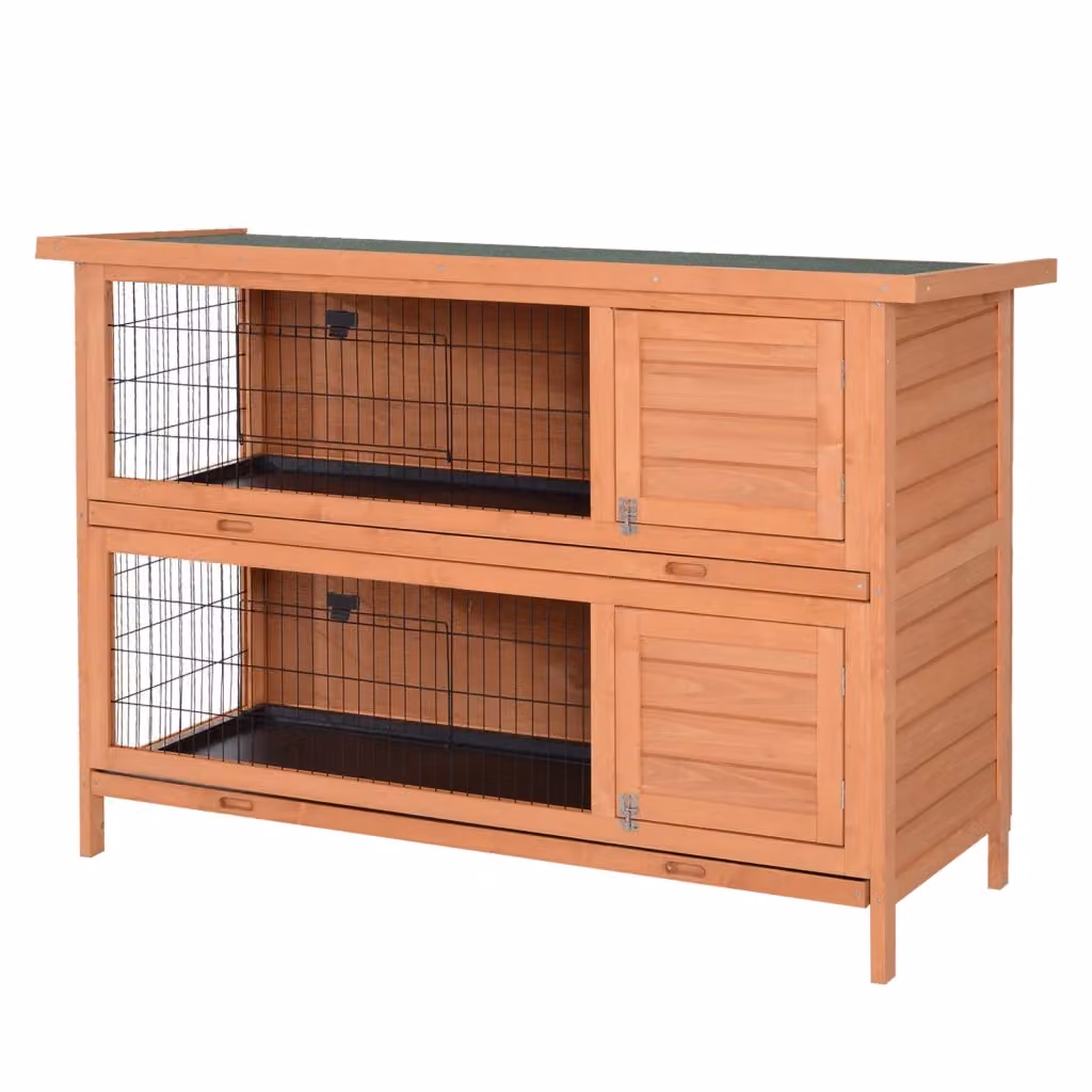 Gabbia per conigli Zephmum a 2 piani in legno con vassoio e tetto, colore arancione, L: 136,4 cm, P: 50 cm, H: 93 cm – 2