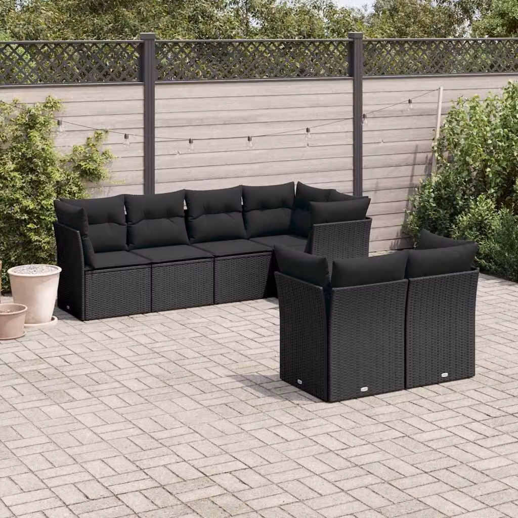 Set di divani da giardino vidaXL a forma di L in polyrattan nero con 7 cuscini imbottiti e coperture rimovibili – 1