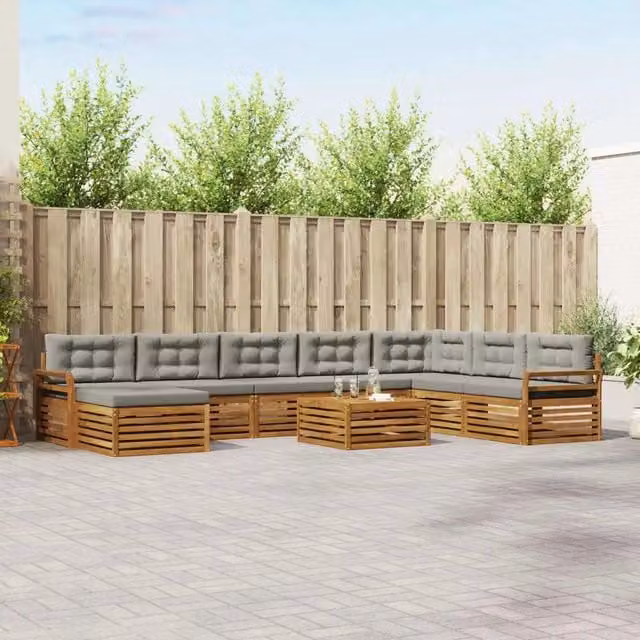 Set di divani da esterno a L vidaXL in legno di acacia con tavolo e pouf, Grigio
