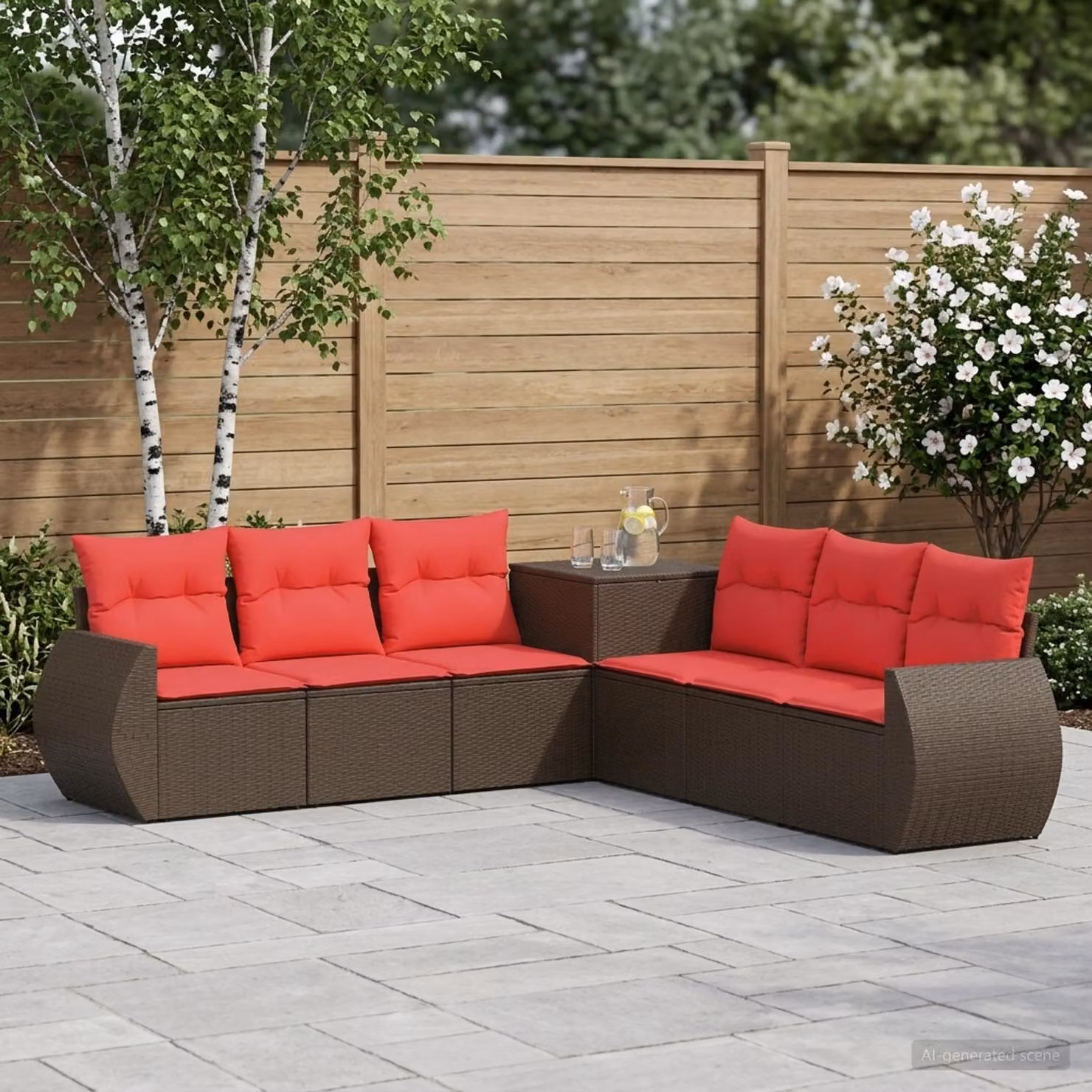 Set di divani da giardino vidaXL a forma di L composto da 7 pezzi in rattan sintetico e acciaio con cuscini marroni e rossi