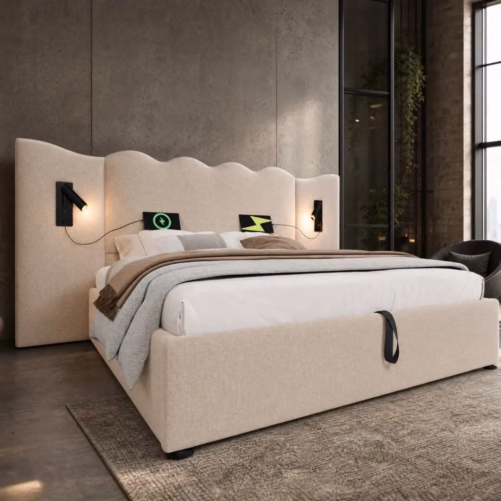 Letto contenitore Mivray con testiera ondulata in lino beige, lampada da lettura integrata e porte USB e Type-C, L/P: 160 x 200 cm – 2