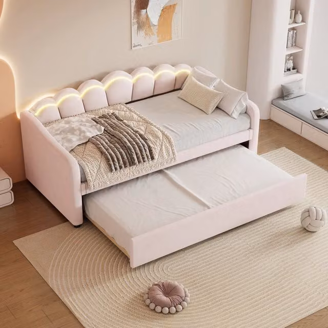 Letto divano singolo 90 × 200 cm con letto estraibile 90 × 190 cm e LED regolabile, senza materasso, rosa