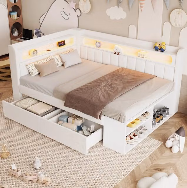 Letto imbottito 90x200 cm con USB; LED e scarpiera; bianco