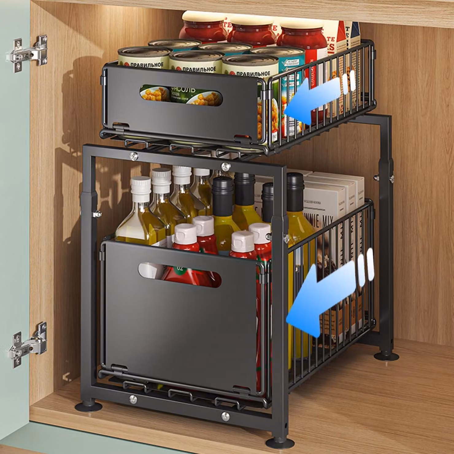 Organizzatore estraibile per armadietti da cucina, 2 ripiani, colore nero, materiale: metallo