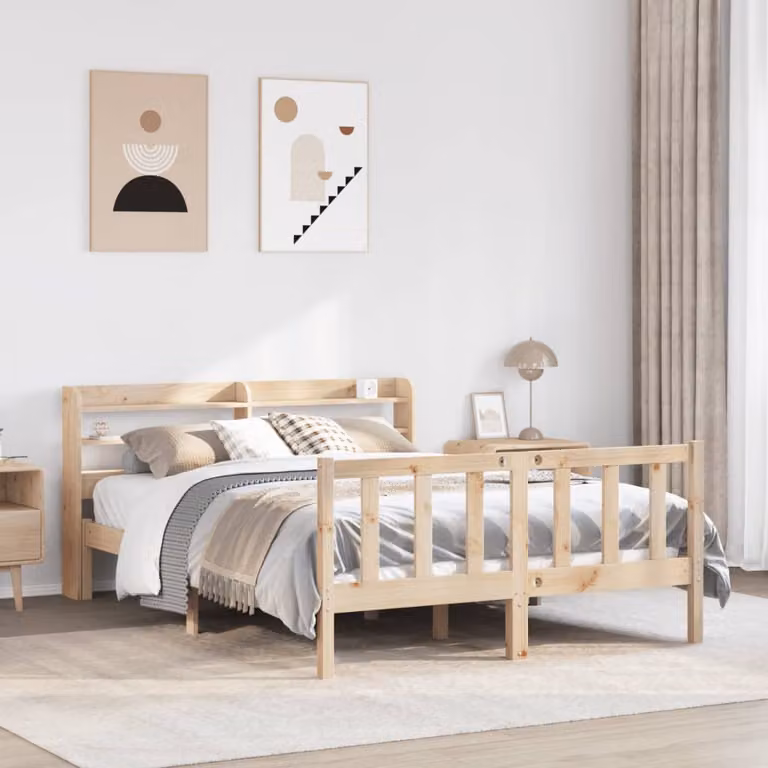 Letto in legno massello di pino vidaXL con ripiani laterali, stile rustico, colore marrone, L/P/H: 200 x 160 x 82 cm