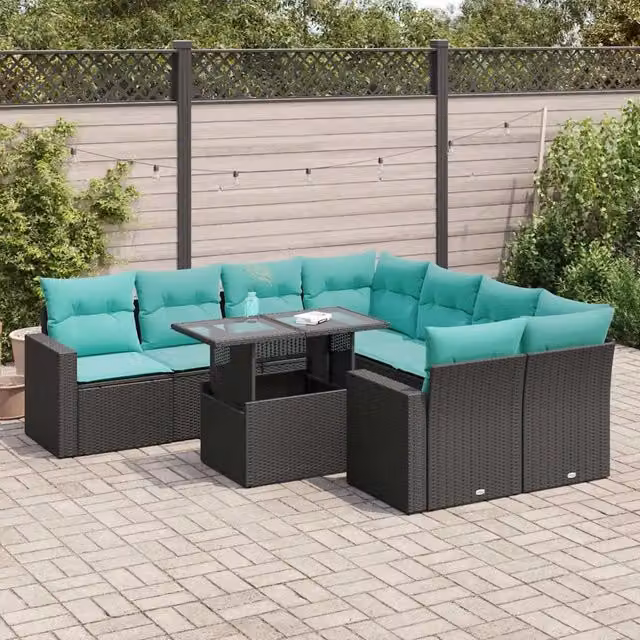 Set Divani da Giardino 9 pz con Cuscini Nero Polyrattan Acacia 3326288