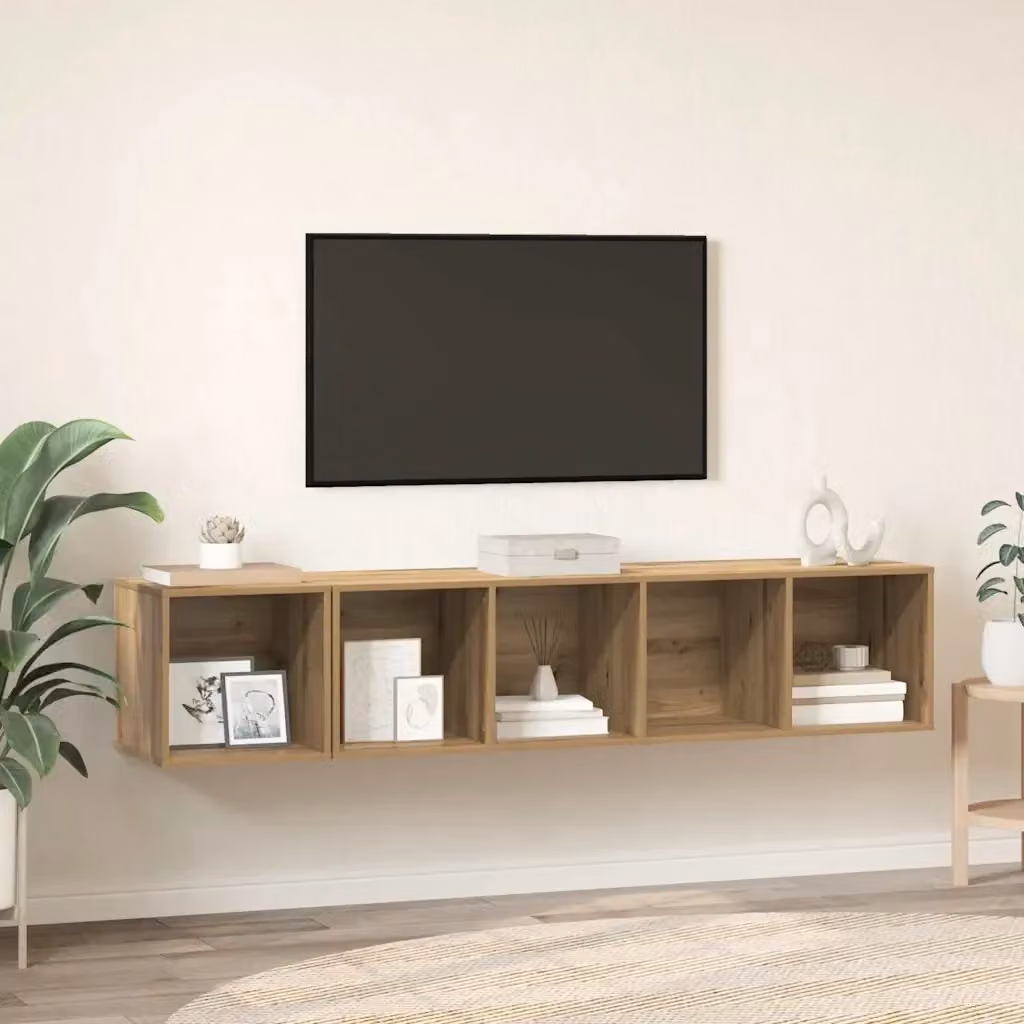 Set di mobili TV moderno in legno multistrato color rovere marrone con armadietto e vani porta media L 142,5 cm x H 37 cm x P 37 cm – 2