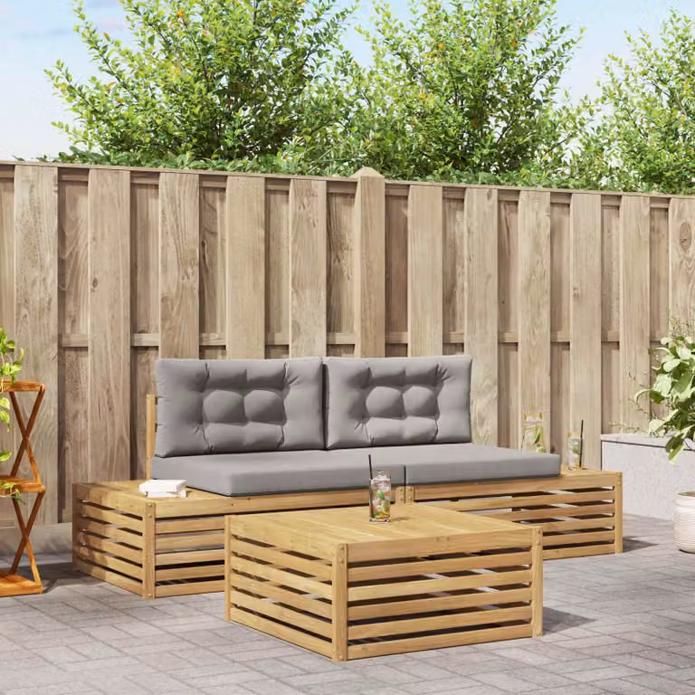 Set di mobili da giardino vidaXL composto da 2 divani da esterno a 2 posti e un tavolino da caffè in legno di acacia con cuscini in poliestere resistente ai raggi UV bianco, grigio e marrone