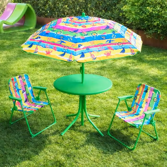 Set da giardino per bambini con tavolino, ombrellone e 2 sedie pieghevoli, design moderno multicolore e verde