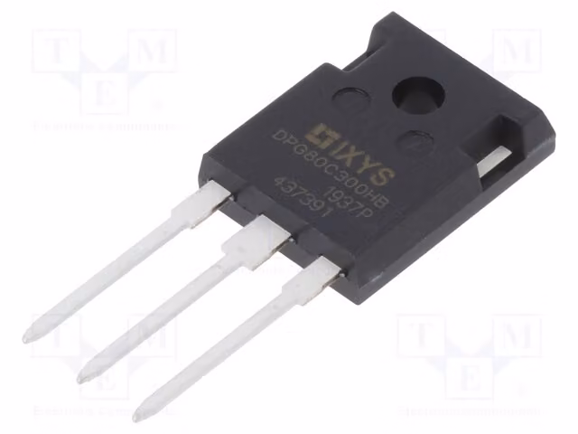 1 x Diodo: raddrizzatore a foro passante. Ifsm: 450A. Tensione di lavoro: 300V. Corrente: 2 x 40A. Tipo: TO247-3. Modello: DPG80C300HB. Marca: Univer