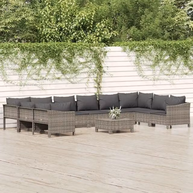 Set di divani da giardino vidaXL a forma di U composto da 11 pezzi con cuscini in polirattan e struttura in metallo grigio