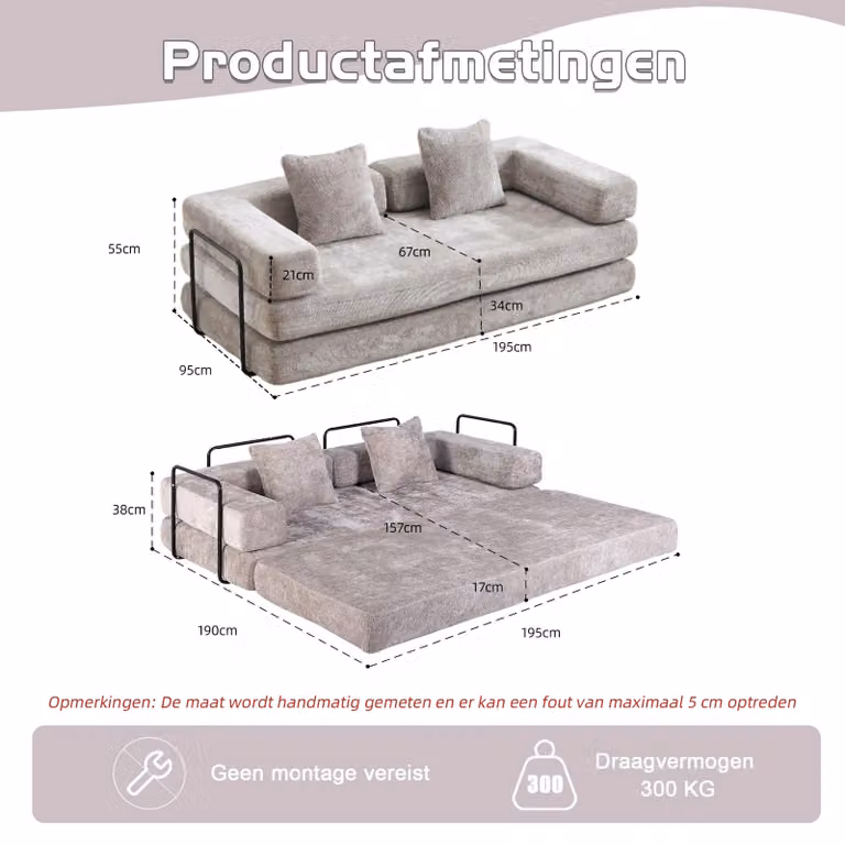 Divano letto - Divano trasformabile 2 in 1 - Stile moderno - Struttura in metallo - Rivestimento in tessuto - Ideale per il soggiorno - Colore grigio chiaro