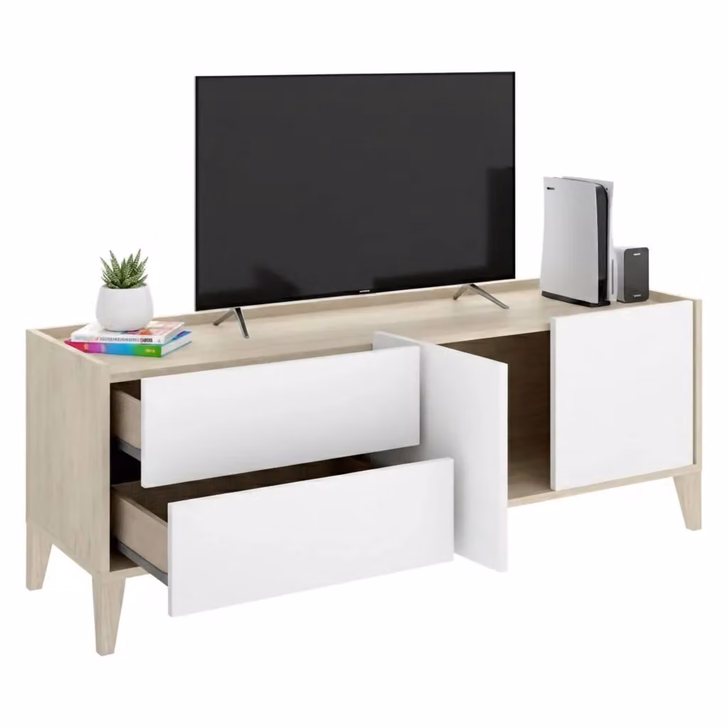 Waynes Mobile Porta TV Moderno con 2 Cassetti Bianco e Rovere, L/P/H: 129 x 39 x 50 cm – 2