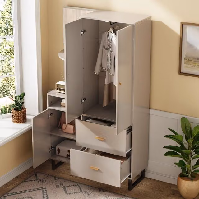 Guardaroba da ingresso moderno con cassetti e appendiabiti, beige e grigio, L/P/H: 110 x 38 x 186 cm – 1