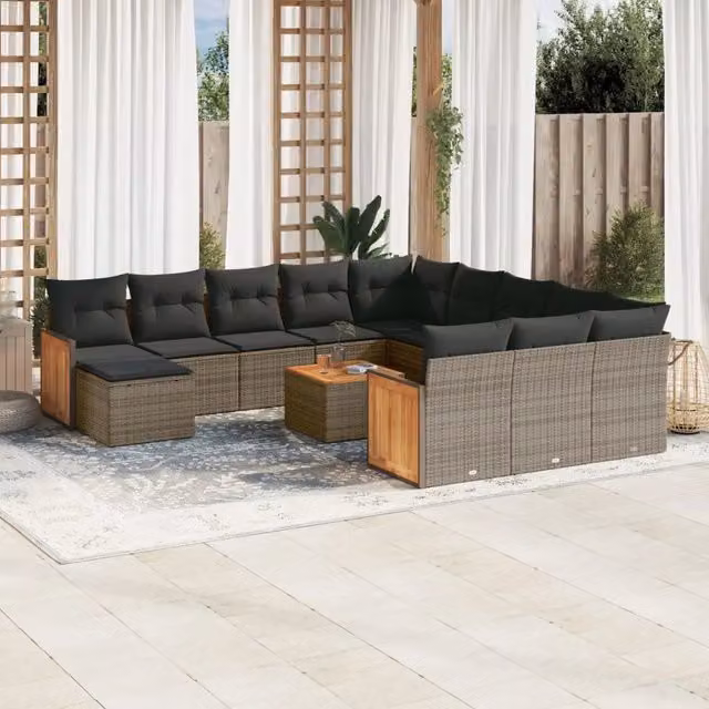 Set di Divani da Giardino vidaXL in Polyrattan Grigio con Cuscini e Tavolino da Esterno 13 Pezzi
