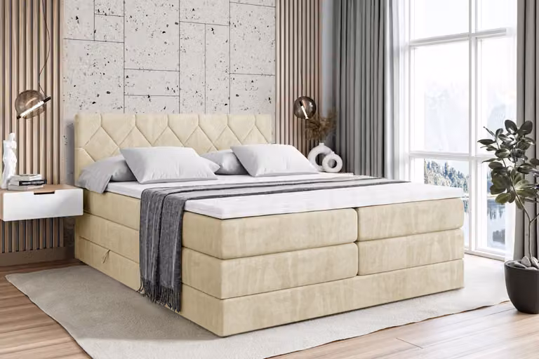 Letto boxspring ALTDECOR con 2 materassi e topper - 200x200 cm - CATOR KING - Beige Monolith - Letto imbottito con materassi H3 e H4, contenitore e rete a doghe, letto con spazio contenitivo