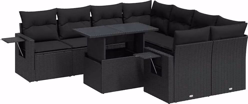 Set Divani da Giardino 9 pz con Cuscini Nero in Polyrattan