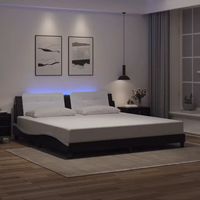 Letto Zadar vidaXL con illuminazione LED e porta di ricarica USB, Nero e Bianco, L: 200 cm, P: 200 cm, H: 205 cm