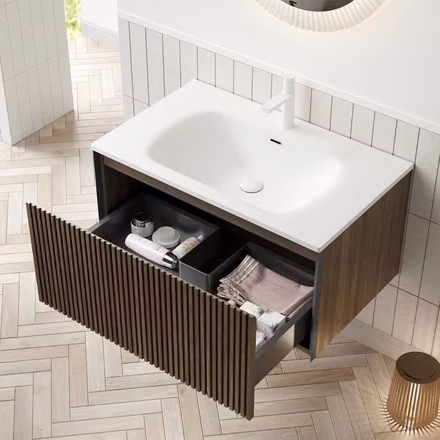 Mobile lavabo a muro - Xylo - 80 cm - Bianco ceramica, legno quercia marrone, preassemblato