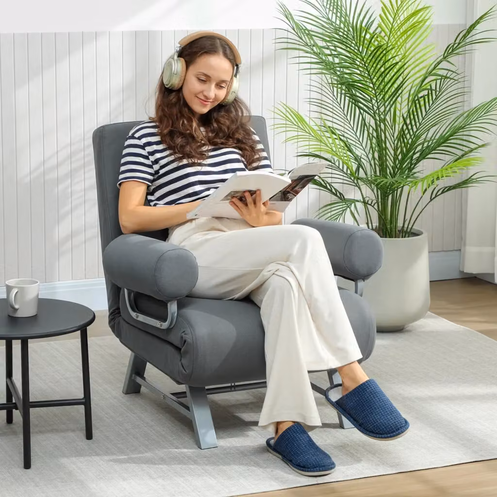 Poltrona Letto 3 in 1 Giordanoshop con Schienale Reclinabile su 5 Livelli in Tessuto Grigio L/P/H: 73 x 78 x 81 cm – 2