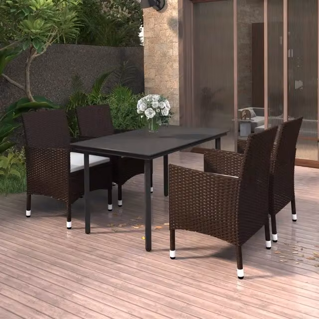 Set da Pranzo da Giardino 5 pz con Cuscini Polyrattan e Vetro 3099675
