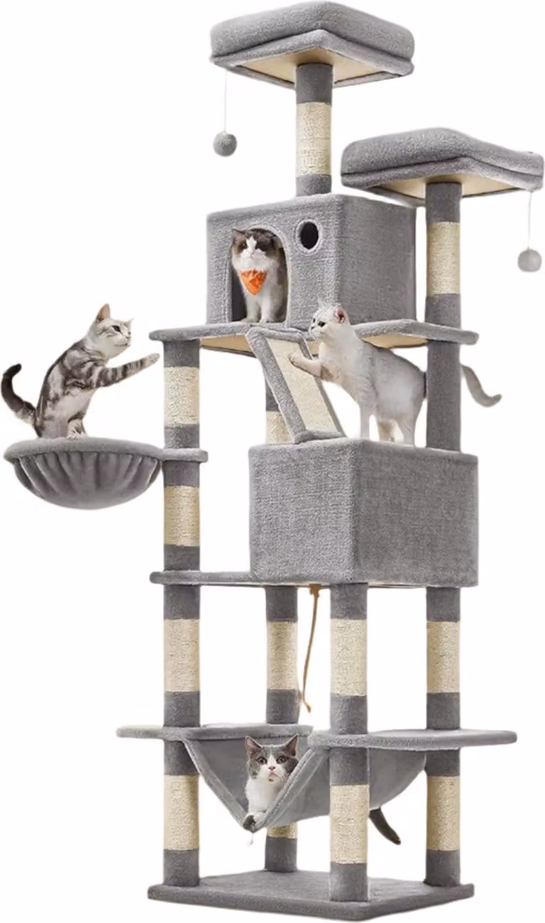 Albero per gatti con tiragraffi – Albero da arrampicata – 60 x 50 x 206 cm – Grigio – Realizzato in peluche e sisal